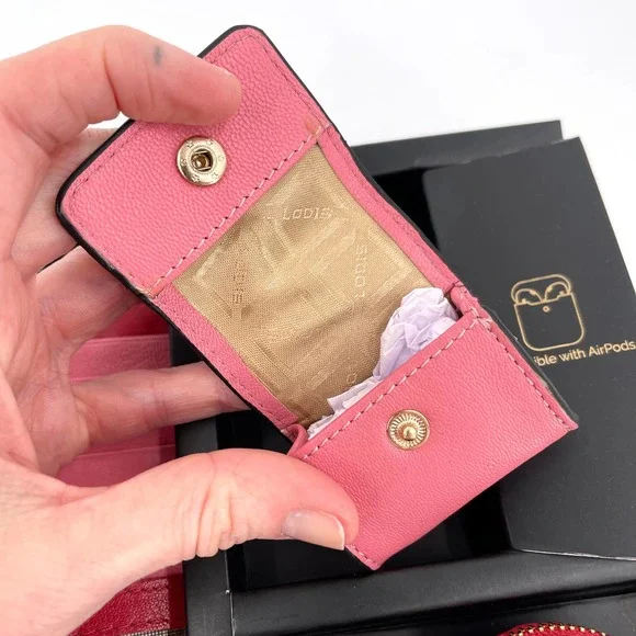 LODIS Genuine Leather Tech Gift Set Airpod Case Wallet Pink Red NIB - Picture 7 of 13